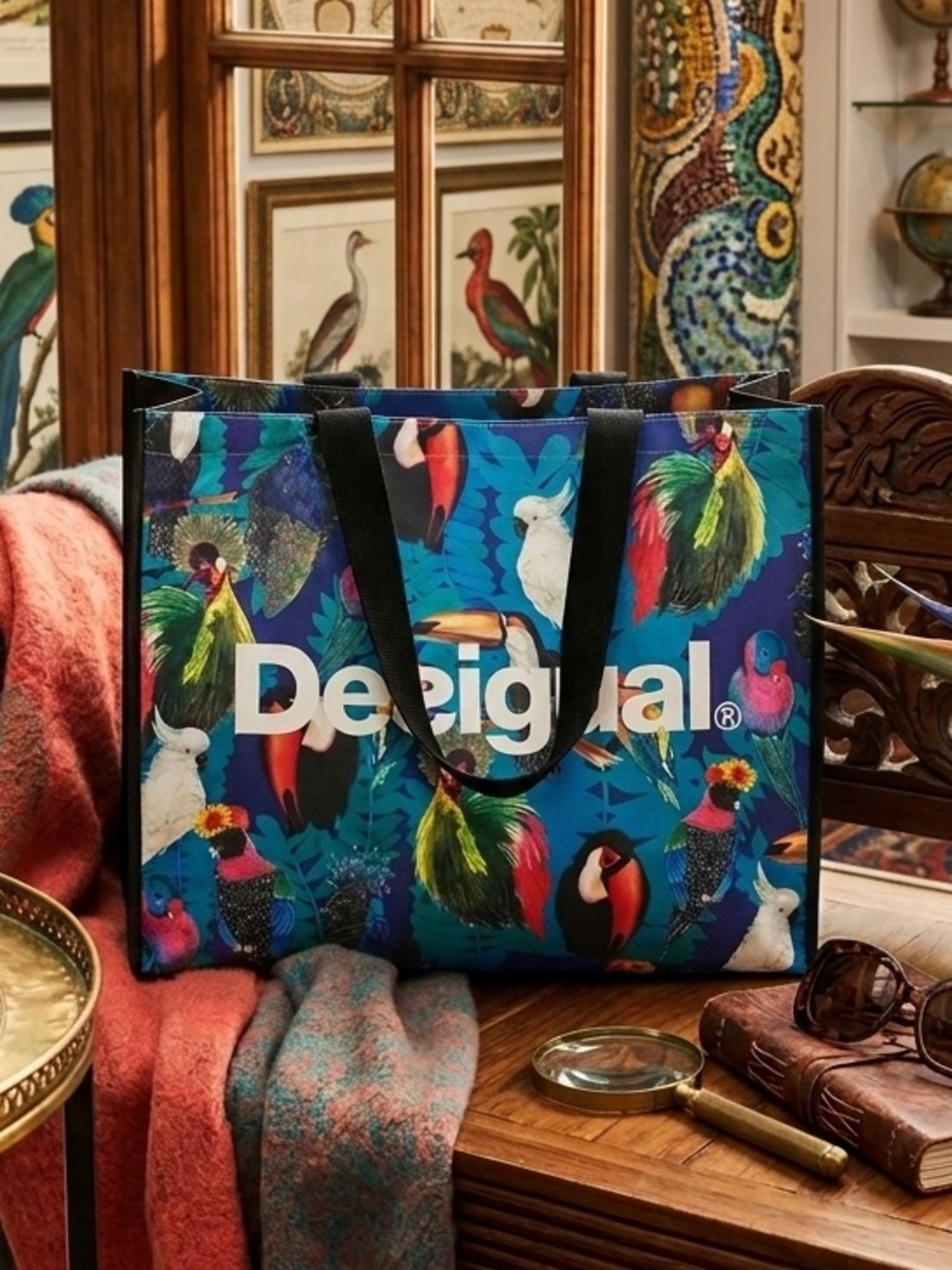 Desigual Multicolored Tropical Exotic Bird Print Reusable Oversized Shopper Bag